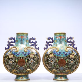A Exquisite A pair of Cloisonne Lotus Pattern Dragon Pattern Bats and Peach Pattern Double-Ears Vase