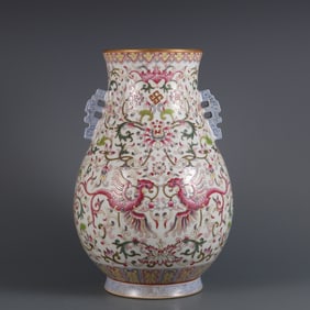 An Exquisite Famille-Rose Lotus Pattern Phoenix Pattern Double-Ears Vase