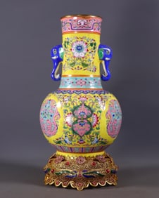 An Exquisite Enamel Inlaid Gilt Bronze Lotus Pattern Double-Ears Vase