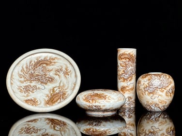 A Set of Fine Ink Color Dragon Pattern Brush Pot Brush Washer Jar