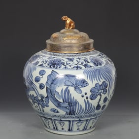 An Exquisite Blue and White Gilt Silver Lotus Pattern Fish and Lotus Pattern Jar