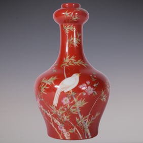 An Exquisite Famille-Rose Coral Red Glazed Flower and Bird Pattern Vase