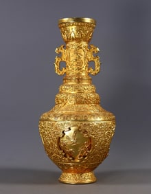 An Exquisite Gilt Bronze Lotus Pattern Beast-Face Pattern Flower and Bird Pattern Double-Ears Vase