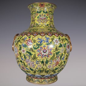 An Exquisite Famille-Rose Painted Gold Lotus Pattern Lion-Ears Vase