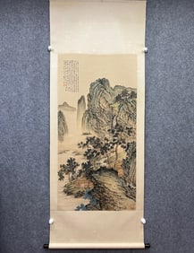 A Chinese Vertical Scroll Ink Painting of Landscape and Figure on Silk