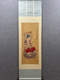 A Chinese Vertical Scroll Ink Painting of Buddha Statue on Silk