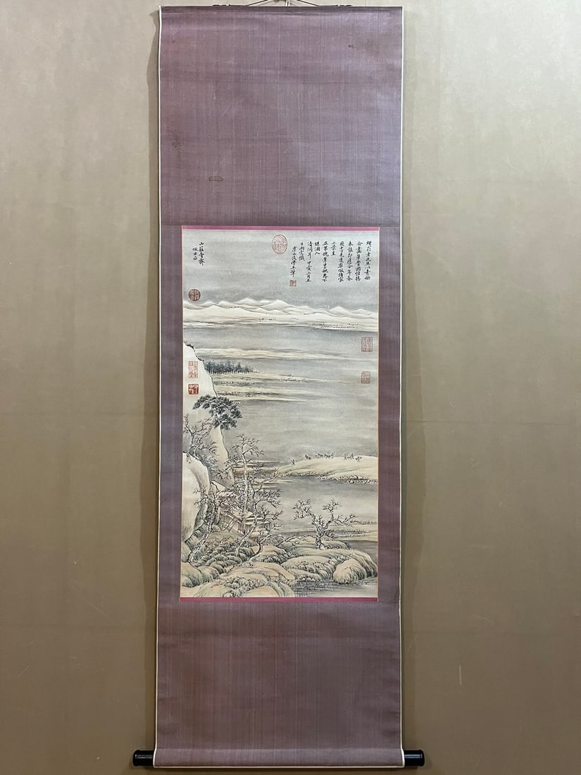 A Chinese Vertical Scroll Ink Painting of Landscape on Paper: A Chinese Vertical Scroll Ink Painting of Landscape on Paper Wang hui Without frame Size:18.5inx35in王翬山水 纸本立轴Without frame Size:47cmx89cm