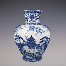 An Exquisite Blue and White Lotus Pattern Landscape and Figure Pattern Double-Ears Vase
