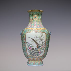 An Exquisite Enamel Lotus Pattern Flower and Bird Pattern with poem Double-Ears Vase
