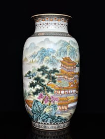 A Pair of Exquisite Ink Color Painted Gold Landscape and Figure Pattern with poem Vase