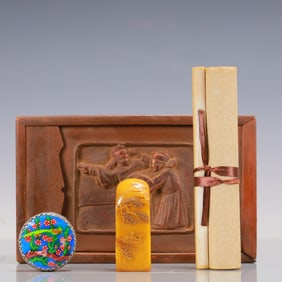 An Exquisite Tianhuang Stone Landscape and Figure Pattern Seal,with inkpad