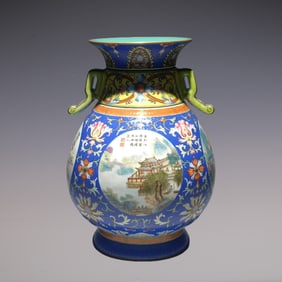 An Exquisite Famille-Rose Lotus Pattern Landscape Pattern Double-Ears Vase