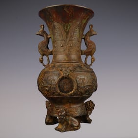 An Exquisite Bronze Beast-Face Pattern Double-Ears and Tripod Vase