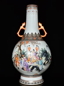 An Exquisite Ink Color Painted Gold Character and Story Pattern with poem Double-Ears Vase