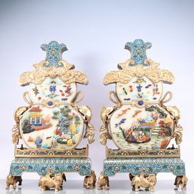 A Exquisite A pair of Cloisonne Inlaid White Jade Lotus Pattern Eight Treasures Pattern Character