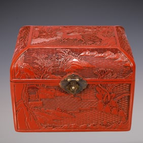 A Exquisite Carved Red Lacquer Landscape Pattern Box