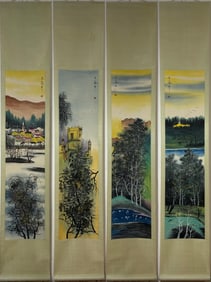 A Chinese Vertical Scroll Ink Painting of Landscape on Paper