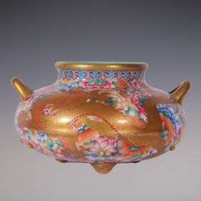 An Exquisite Enamel Painted Gold Flower Pattern Dragon Pattern Double-Ears and Tripod Censer