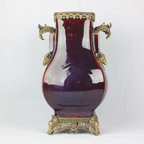 An Exquisite Flambe Glazed Inlaid Bronze Double-Ears Vase