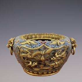 An Exquisite Cloisonne Lotus Pattern Dragon Pattern Double-Ears Brush Washer