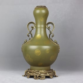 An Exquisite Teadust Glazed Inlaid Bronze Double-Ears Vase