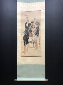 A Chinese Vertical Scroll Ink Painting of Character and Story on Paper