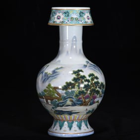 An Exquisite Famille-Rose Lotus Pattern Landscape and Figure Pattern Vase