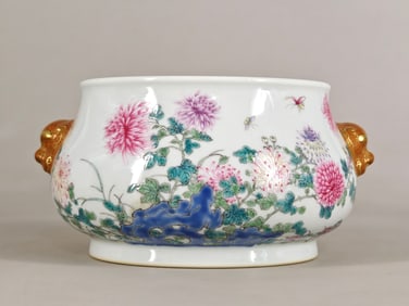 An Exquisite Famille-Rose Flower and Butterfly Pattern with poem Double-Ears Censer