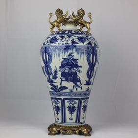 An Exquisite Blue and White Inlaid Bronze Lotus Pattern Character and Story Pattern Double-Ears Vase