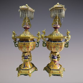 A Pair of Exquisite Cloisonne Lotus Pattern Bats and Peach Pattern Eight Treasures Pattern Dragon