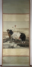 A Chinese Vertical Scroll Ink Painting of Sheep on Paper