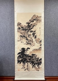 A Chinese Vertical Scroll Ink Painting of Landscape on Paper
