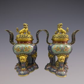 A Pair of Exquisite Cloisonne Dragon Pattern Lotus Pattern Double-Ears and Tripod Censer