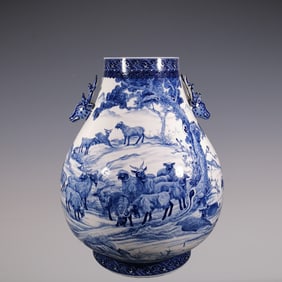 An Exquisite Blue and White Seawater Pattern Sheep Pattern Double-Ears Vase