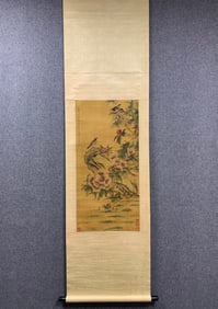 A Chinese Vertical Scroll Ink Painting of Flower and Bird on Silk