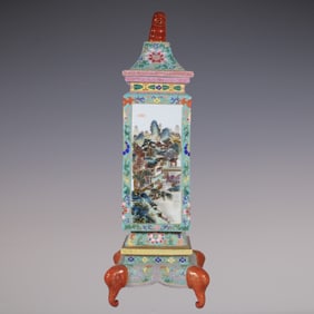 An Exquisite Enamel Painted Gold Lotus Pattern Landscape Pattern with poem Vase