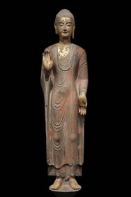 An Exquisite Limestone Painted Color Buddha Statue