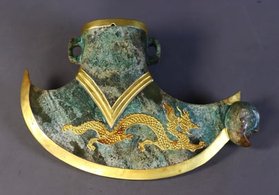 An Exquisite White Jade Cover with Gold Dragon Pattern With Inscription Axe