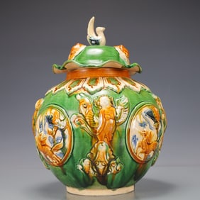 A Exquisite Trio-colored glazed pottery of the Tang Dynasty Character and Story Pattern  Jar