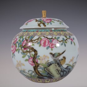 An Exquisite Enamel Flower and Bird Pattern with poem Tea Caddy