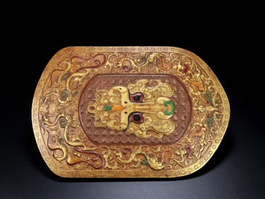 An Exquisite White Jade Gilt Painted Color Beast-Face Pattern Shield