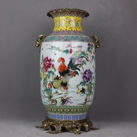 An Exquisite Famille-Rose Inlaid Bronze Lotus Pattern Flower and Bird Pattern Double-Ears Vase