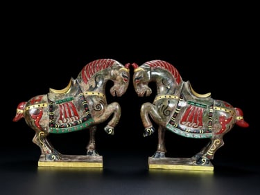 An Exquisite White Jade Painted Color Horse Ornament