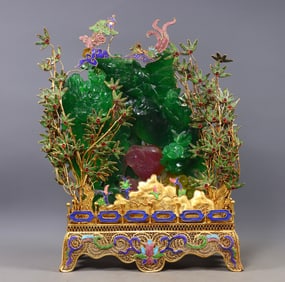 An Exquisite Gilt Bronze Inlaid Jadeite Flower and Bird Pattern Ornament