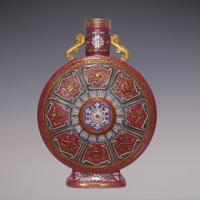 An Exquisite Enamel Ruby Red-Glazed Painted Gold Lotus Pattern Eight Treasures Pattern Double-Ears