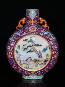 A Pair of Exquisite Famille-Rose Lotus Pattern Character and Story Pattern Double-Ears Vase