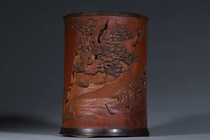 An Exquisite Bamboo Landscape and Figure Pattern with poem Brush Pot