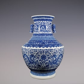 An Exquisite Blue and White Lotus Pattern Dragon Pattern Seawater Pattern Double-Ears Vase