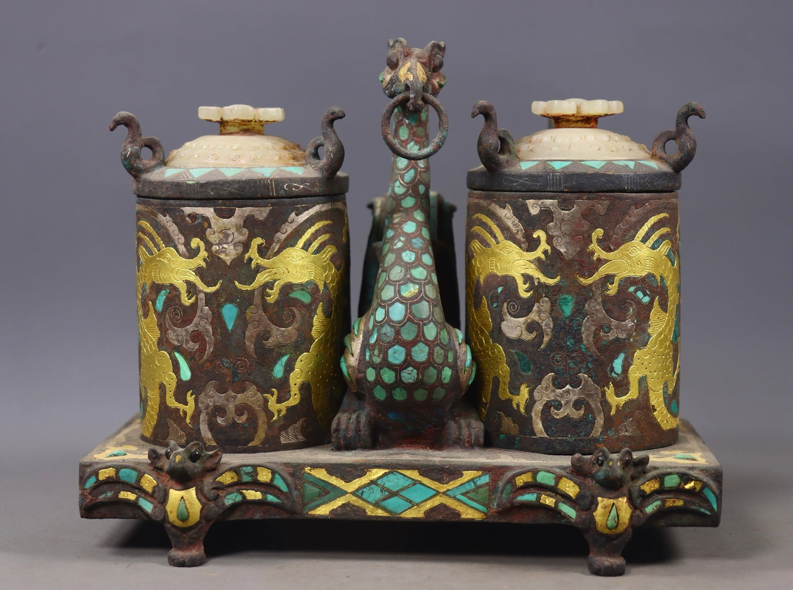 An Exquisite Bronze Inlaid Gold and Silver Inlaid White Jade Dragon Pattern Cup (1 of 16)