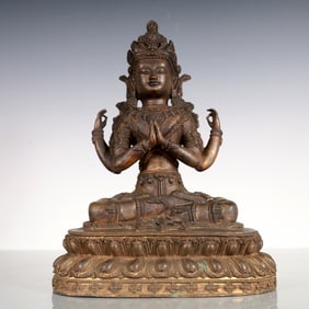 A Exquisite Gilt Bronze Four-arms Statue of Avalokitesvara